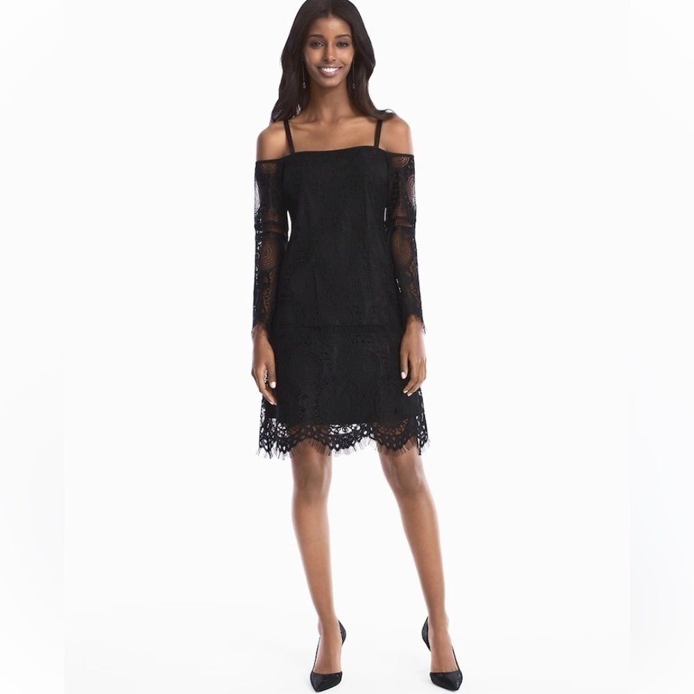 White House Black Market | Women's Cold Shoulder Black Lace Shift Dress Size 10